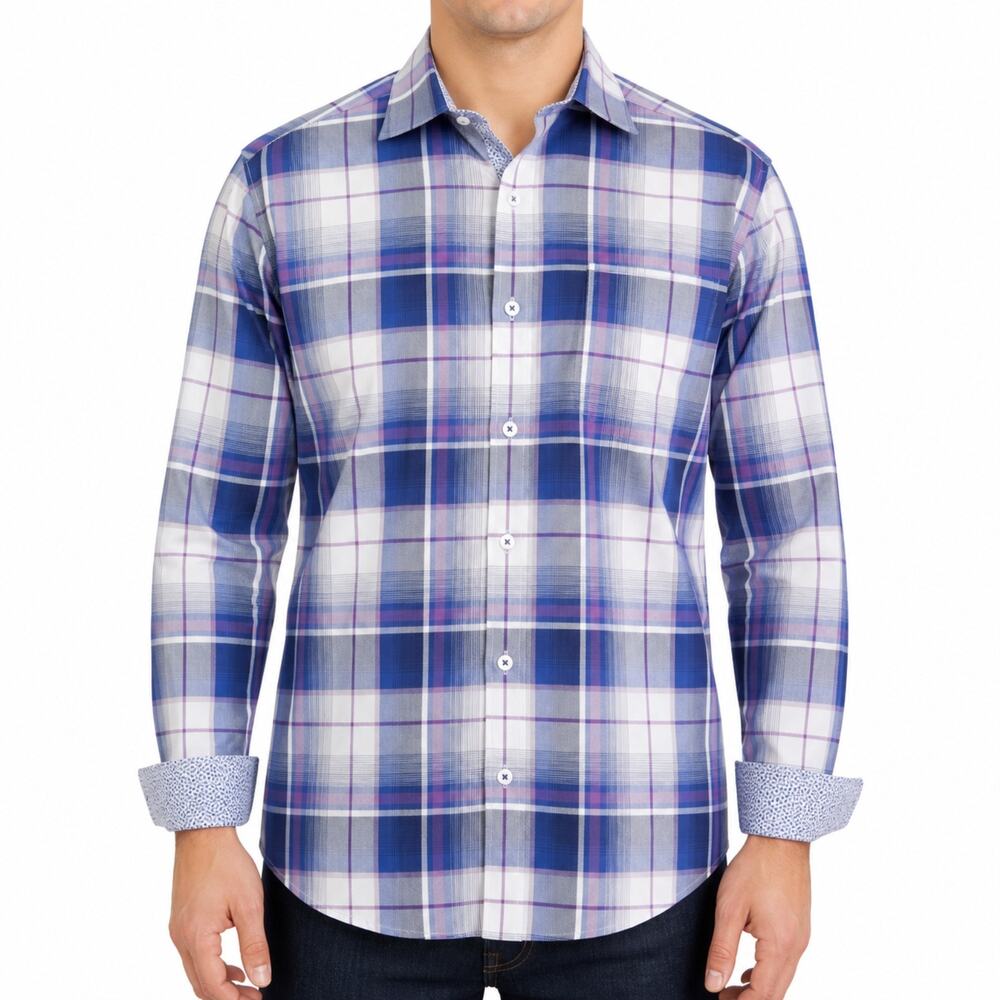 Bugatchi Shirt Mens Medium Blue Purple Plaid Shaped Fit Cotton Button Up